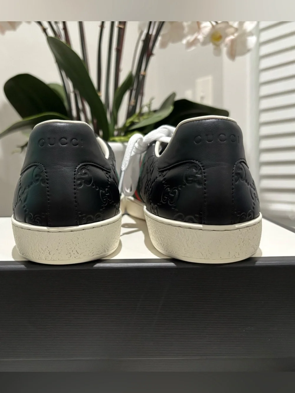 Gucci Black Leather Ace Sneaker with Green-Red Web Stripe